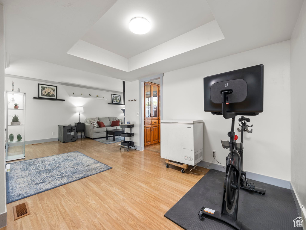 Workout room with a raised ceiling and light wood-type flooring