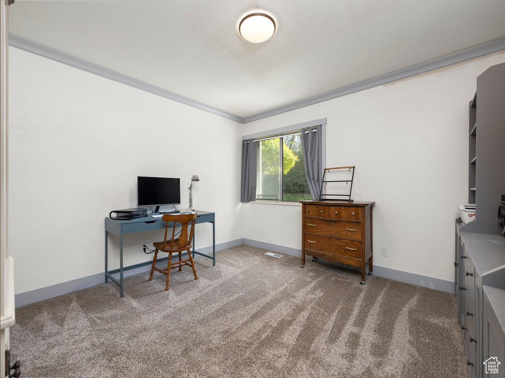 Carpeted office space featuring ornamental molding