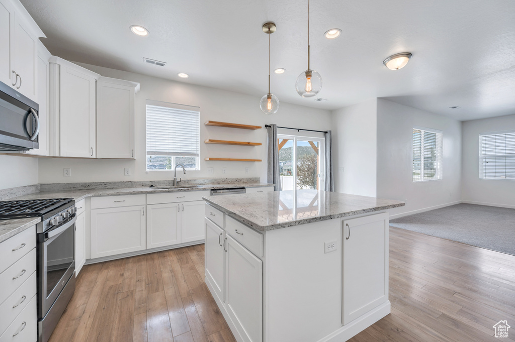 Kitchen featuring white cabinets, light hardwood / wood-style floors, a healthy amount of sunlight, and stainless steel appliances