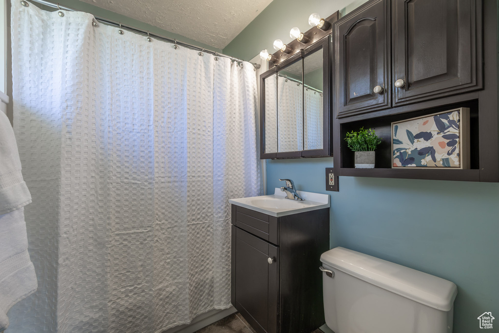 Bathroom with vanity with extensive cabinet space, toilet, and a textured ceiling