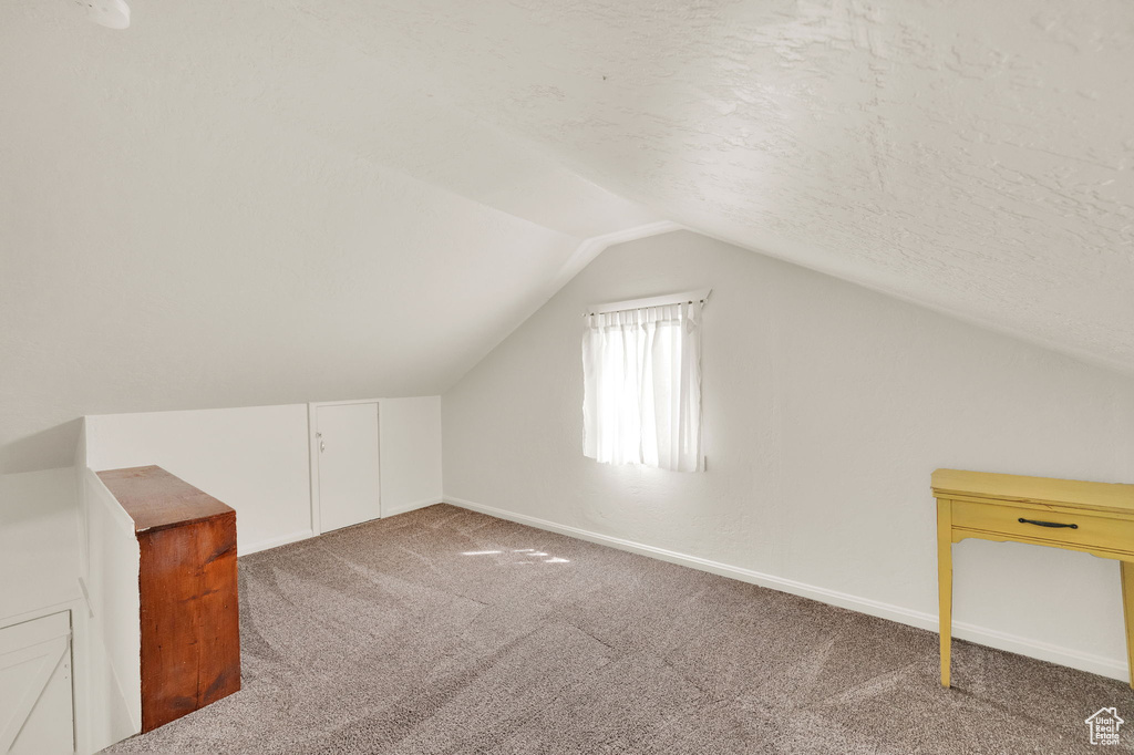 Additional living space featuring carpet, a textured ceiling, and lofted ceiling