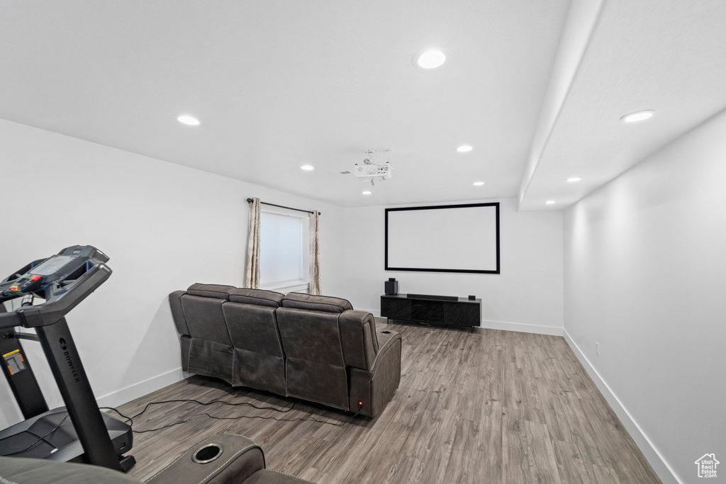 Cinema room with wood-type flooring