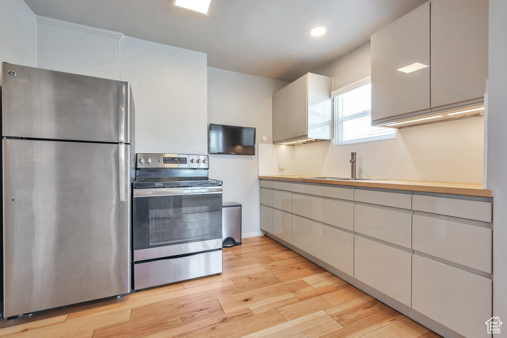 Kitchen featuring sink, light wood-type flooring, and stainless steel appliances