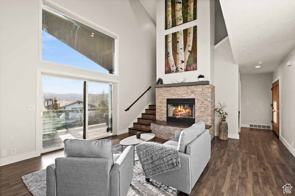 Living room featuring a stone fireplace, a towering ceiling, and dark hardwood / wood-style floors