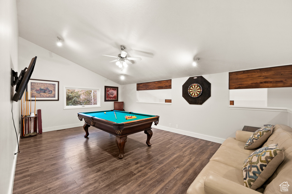 Playroom with ceiling fan, dark hardwood / wood-style floors, pool table, and vaulted ceiling