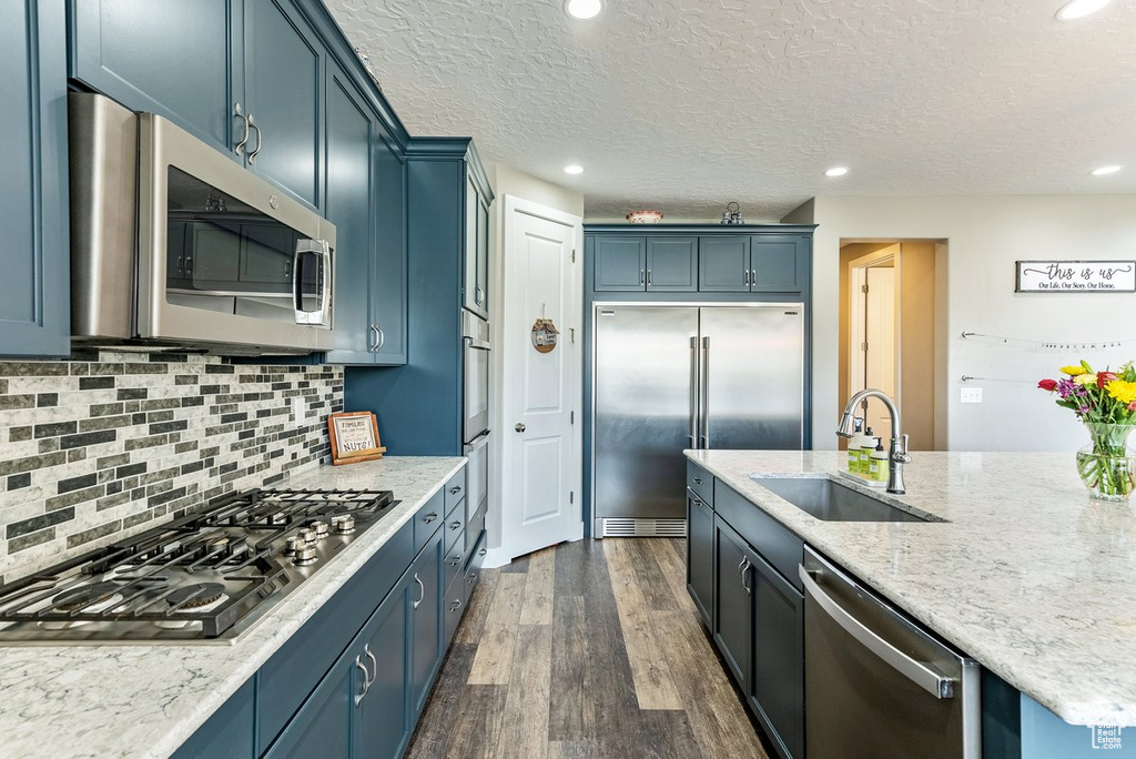 Kitchen with sink, tasteful backsplash, blue cabinetry, dark wood-type flooring, and stainless steel appliances