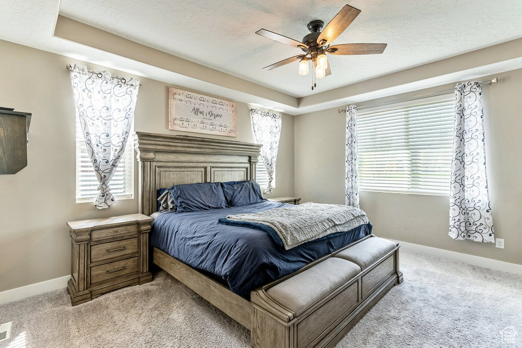 Carpeted bedroom with multiple windows, ceiling fan, and a tray ceiling