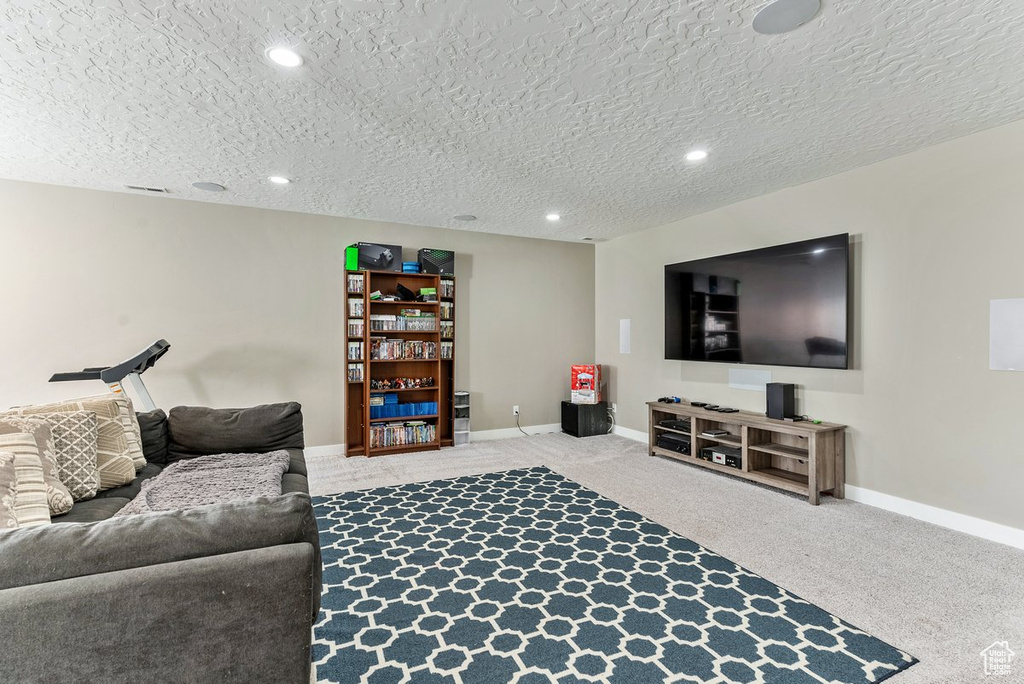 Living room with a textured ceiling and carpet floors