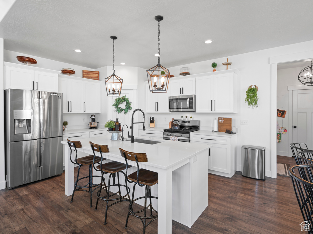 Kitchen featuring sink, stainless steel appliances, dark hardwood / wood-style flooring, and an island with sink