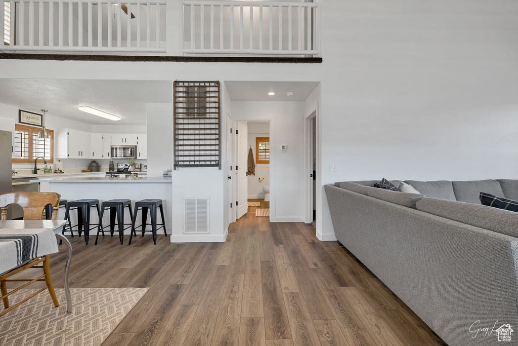 Living room with dark hardwood / wood-style flooring and sink