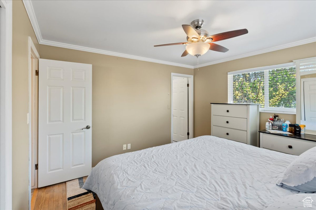 Bedroom featuring ornamental molding, ceiling fan, and light wood-type flooring