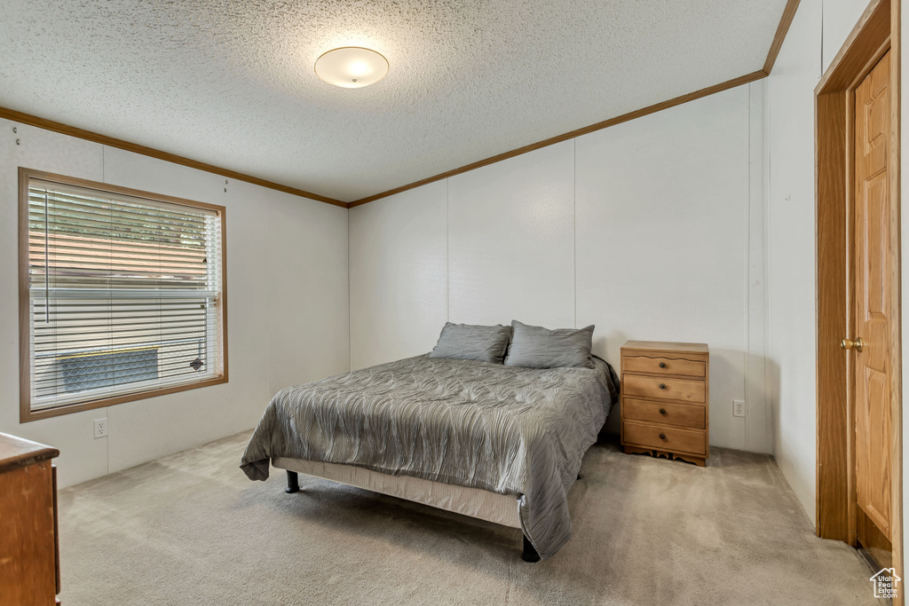 Bedroom featuring light colored carpet, ornamental molding, and a textured ceiling
