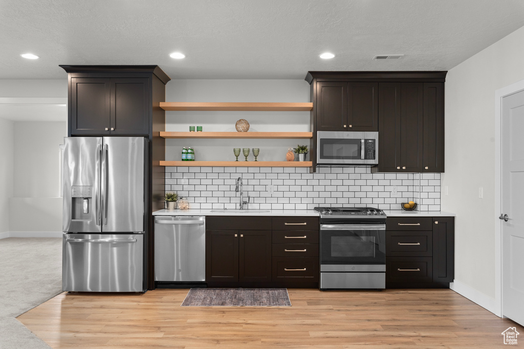Kitchen with light carpet, sink, tasteful backsplash, dark brown cabinets, and stainless steel appliances