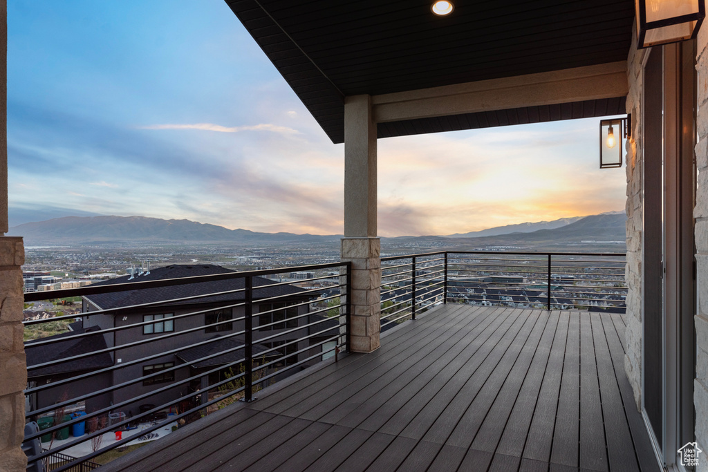 Deck at dusk with a mountain view