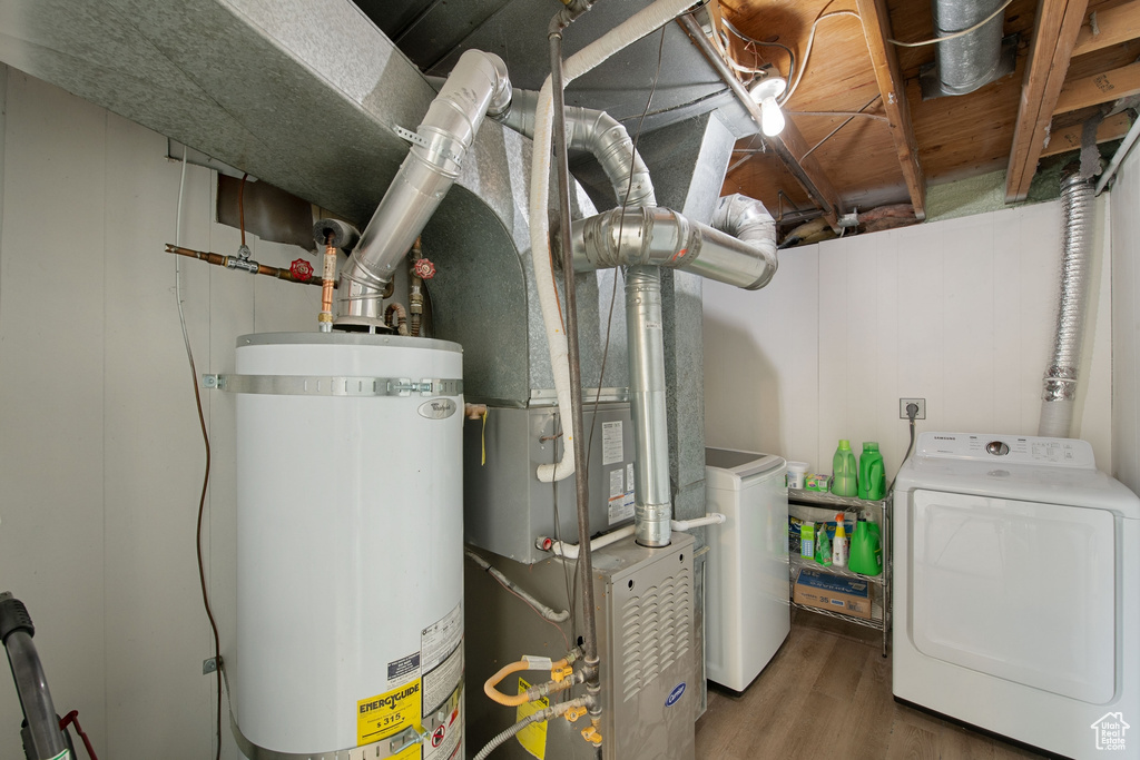 Utility room featuring separate washer and dryer and gas water heater