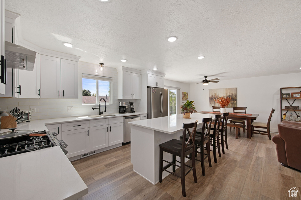 Kitchen featuring a healthy amount of sunlight, a kitchen island, light hardwood / wood-style floors, and appliances with stainless steel finishes