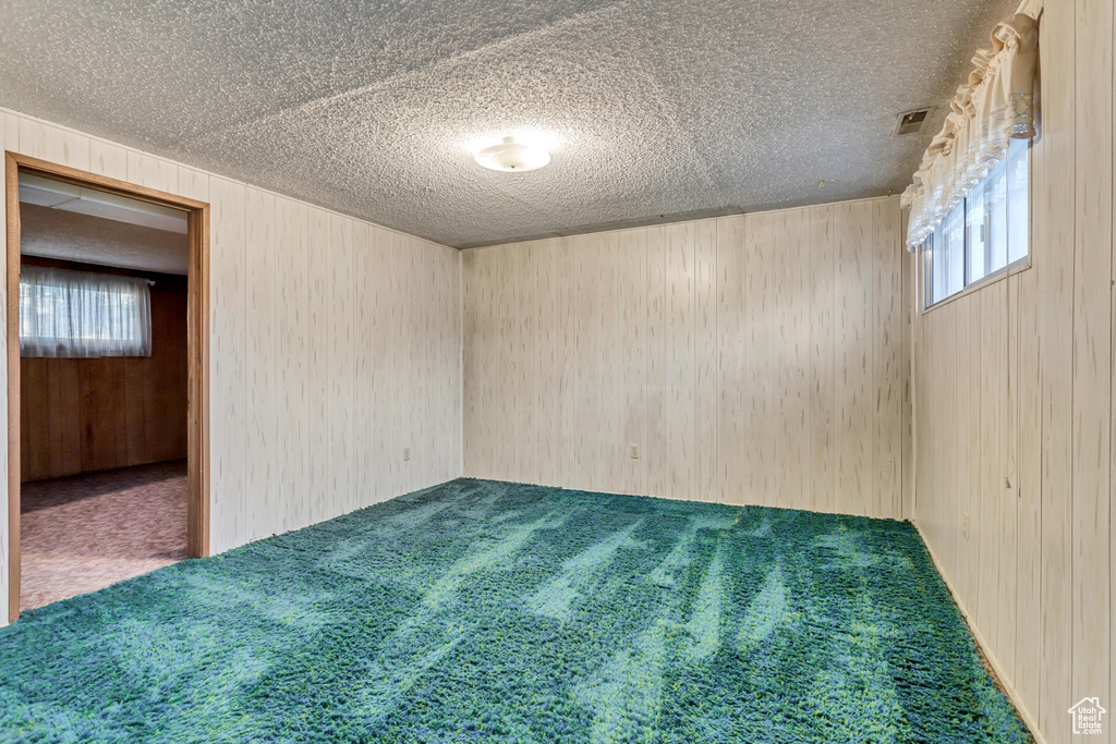 Carpeted empty room featuring wooden walls and a textured ceiling