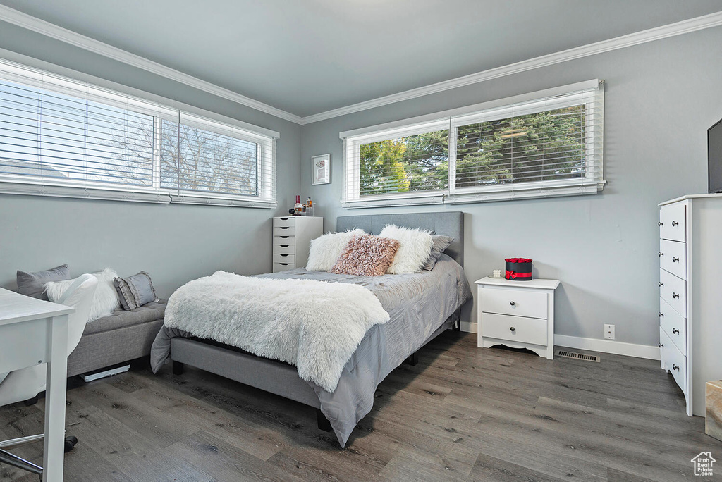 Bedroom with dark hardwood / wood-style flooring and ornamental molding