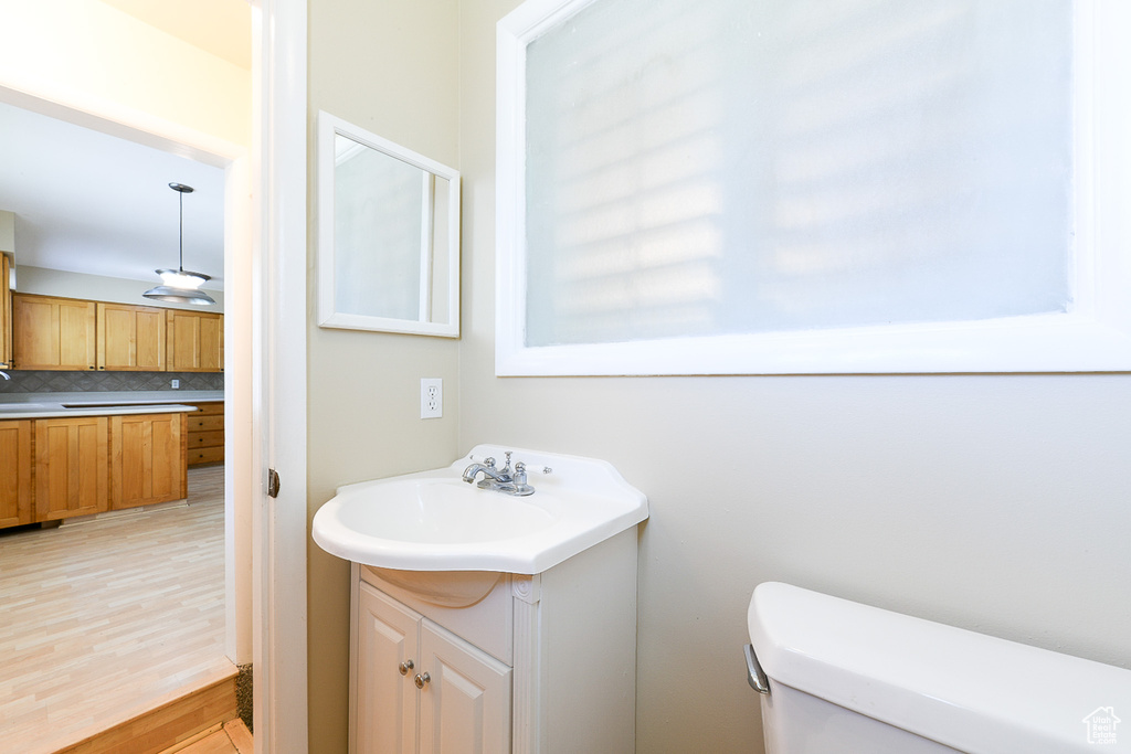 Bathroom featuring backsplash, toilet, vanity with extensive cabinet space, and hardwood / wood-style flooring