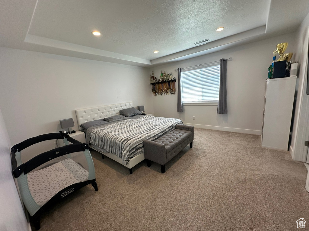 Carpeted bedroom featuring a textured ceiling and a tray ceiling