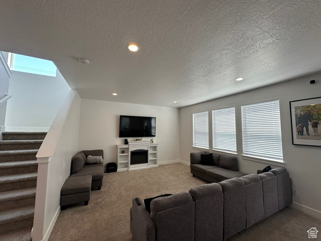 Carpeted living room with a skylight and a textured ceiling