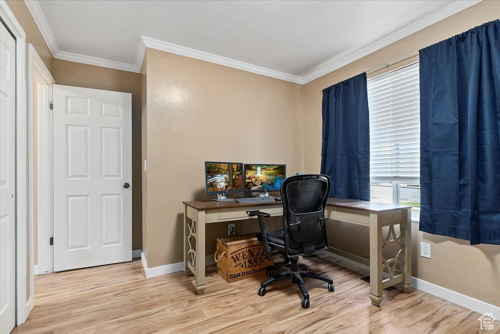 Office with ornamental molding and light hardwood / wood-style floors