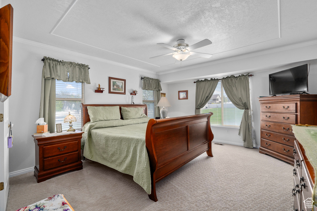 Carpeted bedroom with a textured ceiling, ceiling fan, and crown molding