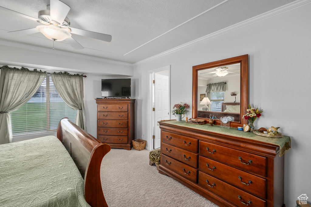 Carpeted bedroom featuring a textured ceiling, ceiling fan, and ornamental molding