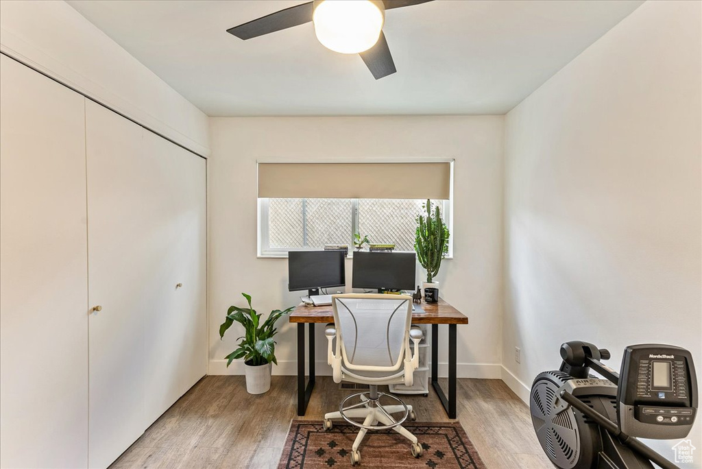 Office space with wood-type flooring and ceiling fan