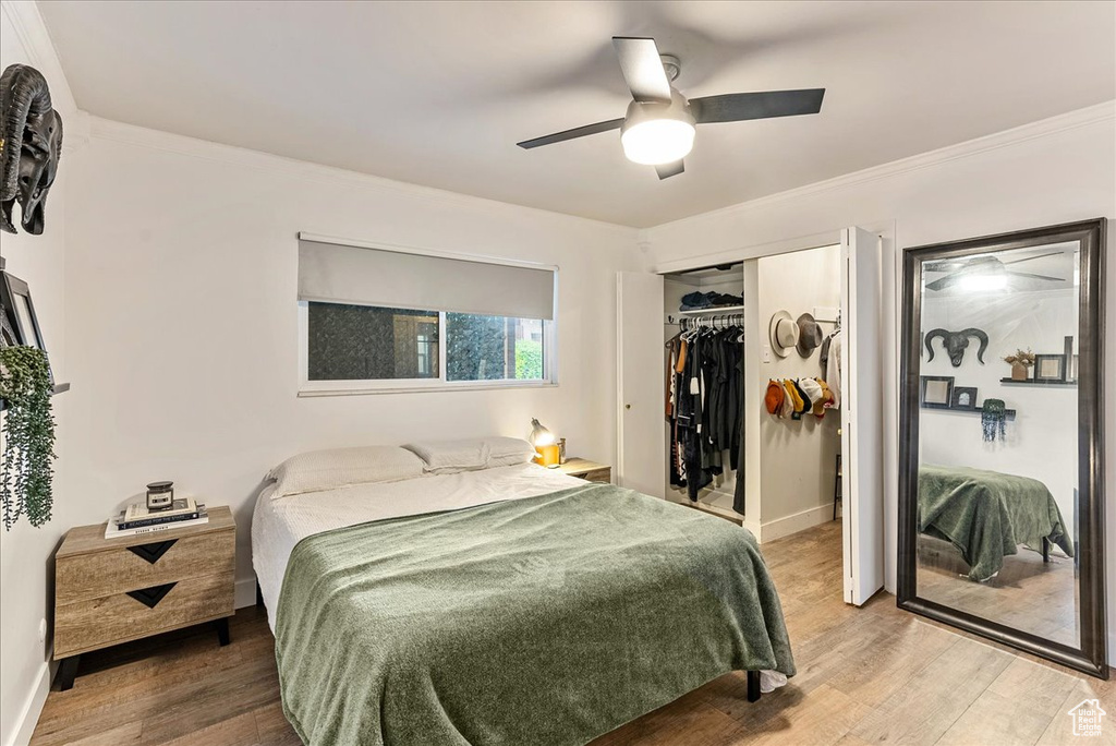 Bedroom featuring ornamental molding, wood-type flooring, ceiling fan, and a closet