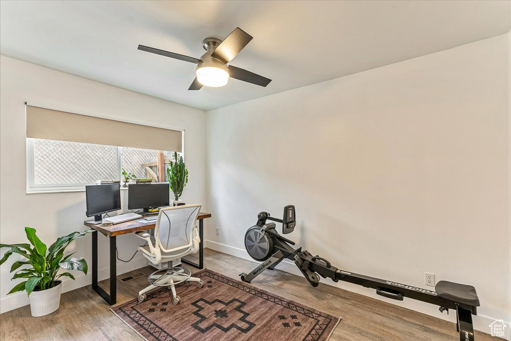 Office featuring hardwood / wood-style flooring and ceiling fan