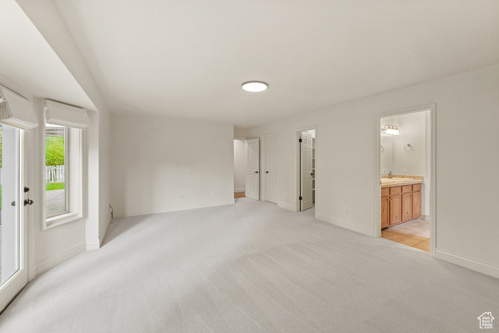 Unfurnished room with light colored carpet and sink