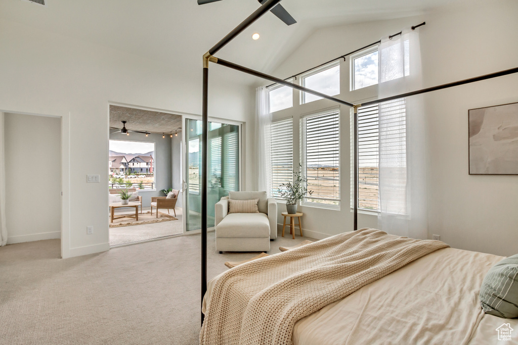 Carpeted bedroom with ceiling fan and a towering ceiling