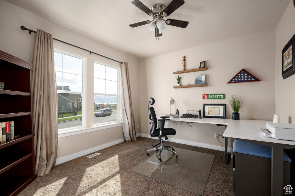 Office space featuring ceiling fan and carpet