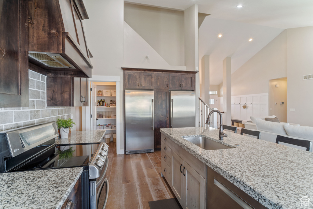 Kitchen with custom exhaust hood, wood-type flooring, high vaulted ceiling, stainless steel appliances, and sink