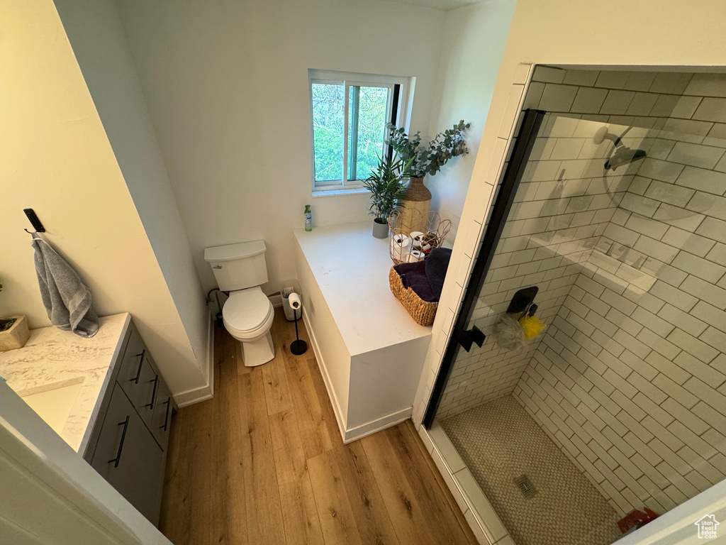 Bathroom featuring a tile shower, vanity, hardwood / wood-style flooring, and toilet