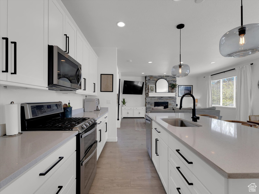 Kitchen with stainless steel appliances, light hardwood / wood-style floors, white cabinetry, a fireplace, and sink