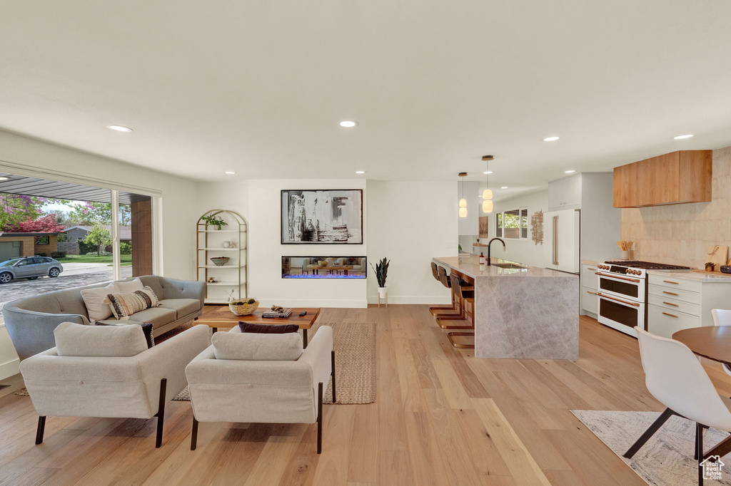 Living room featuring light hardwood / wood-style flooring and sink