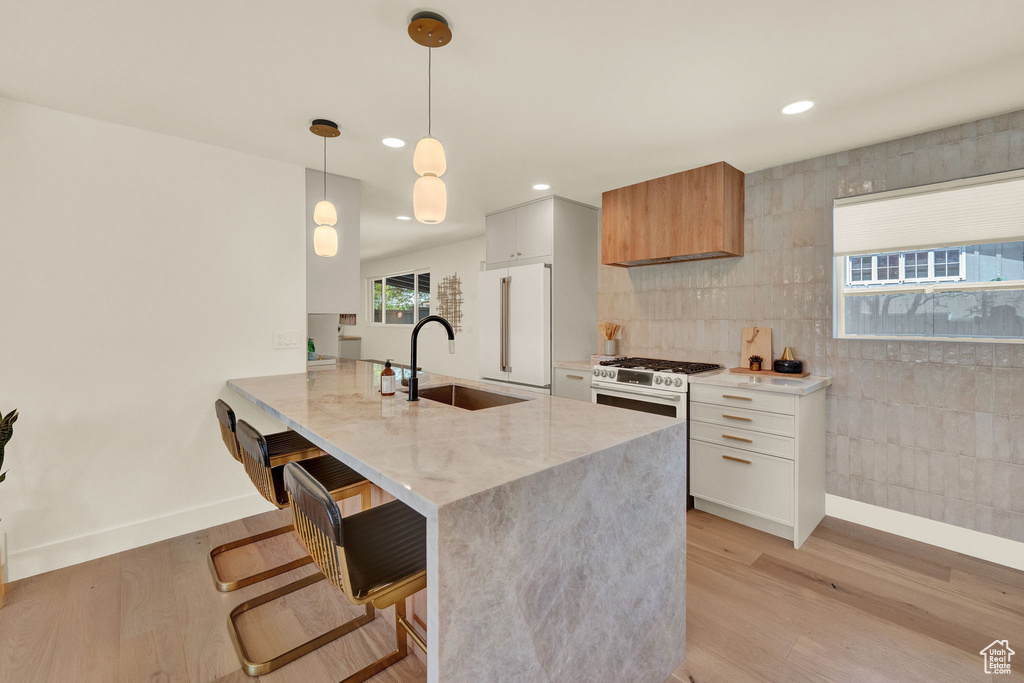 Kitchen featuring sink, light hardwood / wood-style flooring, white cabinetry, and light stone countertops