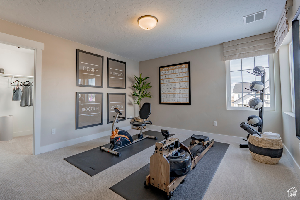 Exercise area with carpet flooring and a textured ceiling