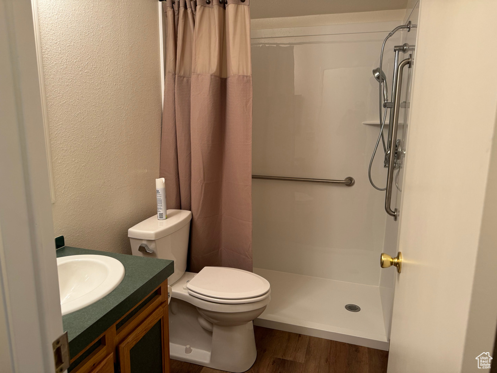 Bathroom featuring hardwood / wood-style floors, curtained shower, vanity, and toilet
