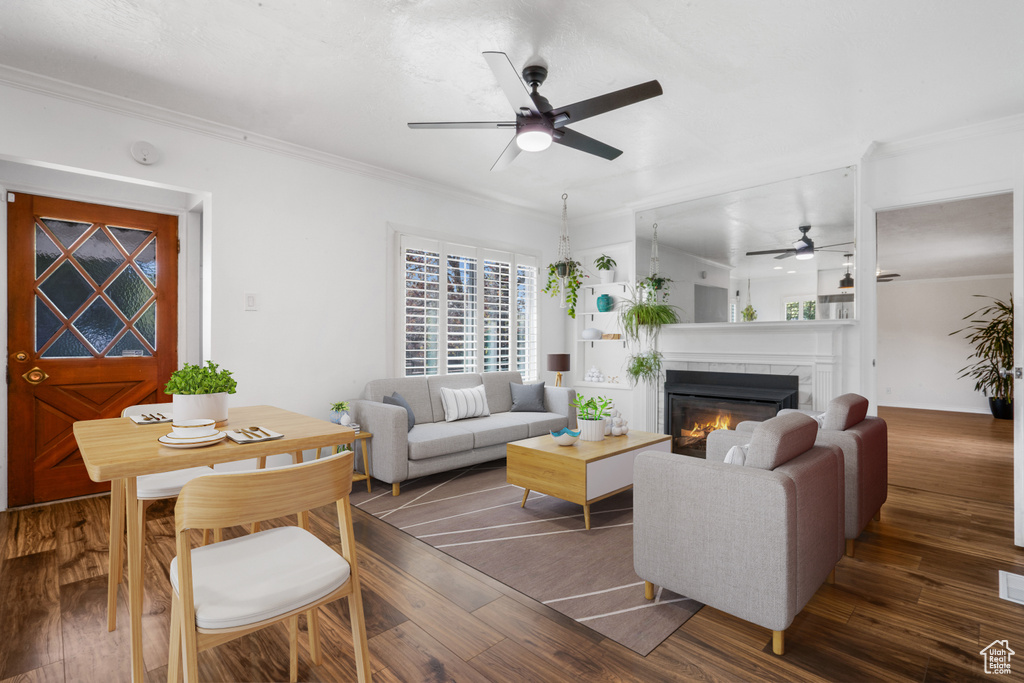 Living room featuring crown molding, wood-type flooring, and ceiling fan