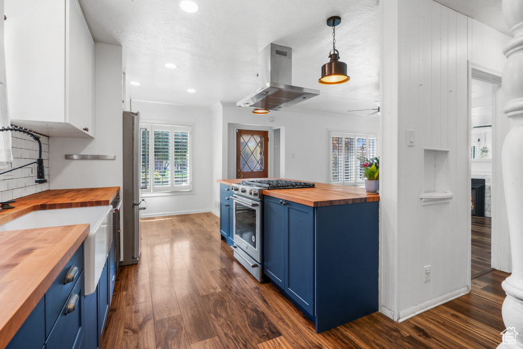 Kitchen with wood counters, island range hood, dark hardwood / wood-style floors, appliances with stainless steel finishes, and blue cabinets