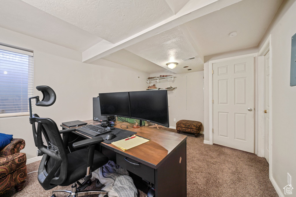 Home office featuring carpet and a textured ceiling