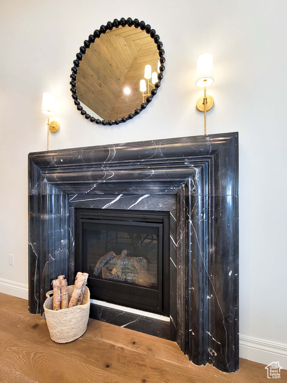 Details featuring a fireplace and hardwood / wood-style floors