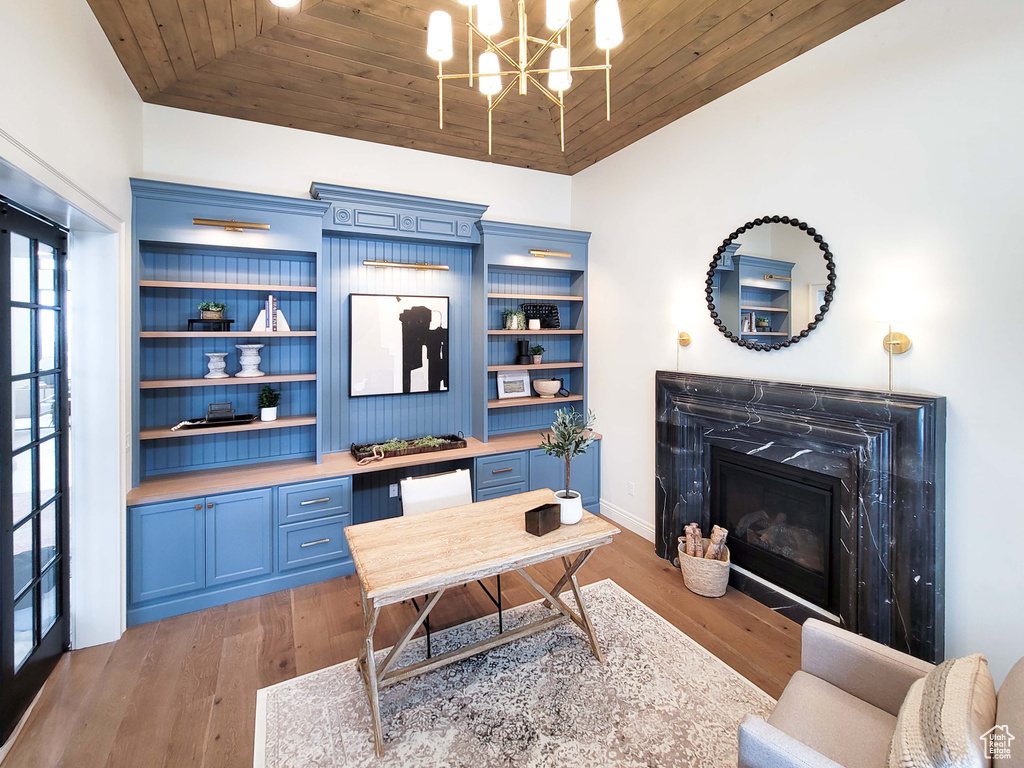 Office space with wood ceiling, hardwood / wood-style flooring, and high vaulted ceiling