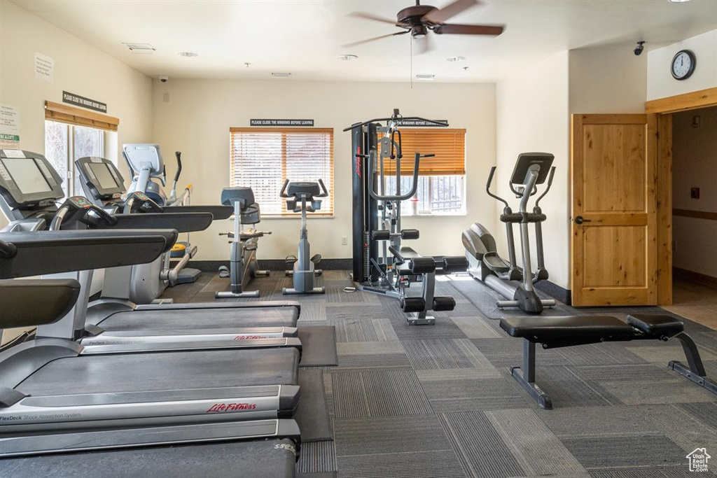 Gym featuring ceiling fan and dark colored carpet