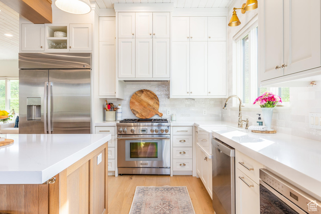 Kitchen featuring sink, backsplash, light wood-type flooring, and high end appliances