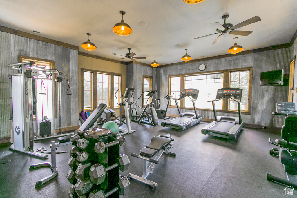 Workout area featuring ceiling fan