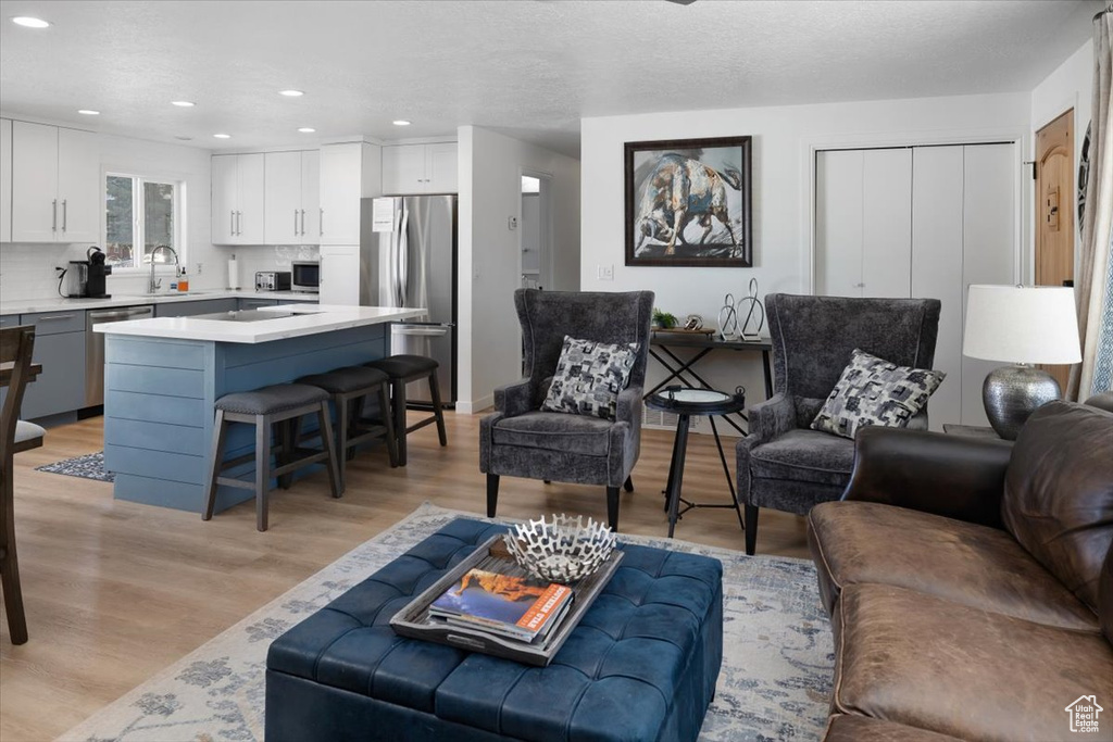 Living room with light hardwood / wood-style floors and sink